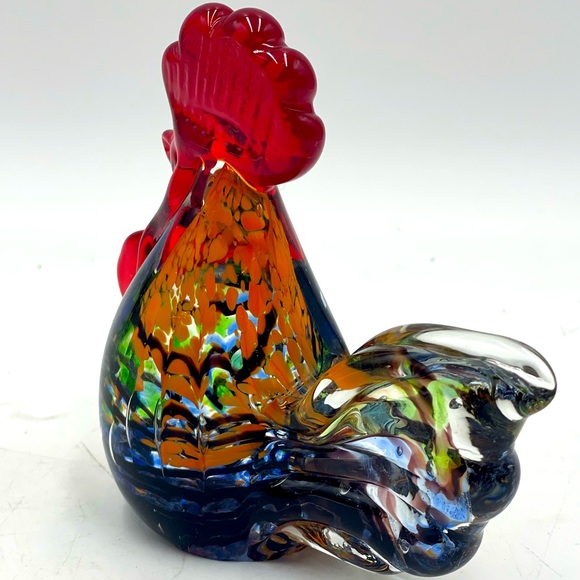 Gorgeous Designs: Handblown Multi Colored Art Glass Rooster Paperweight Figurine - Picture 2 of 16